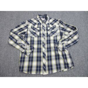 True Religion Shirt Mens Large Blue Plaid Button Up Pearl Snap‎ Western Cowboy